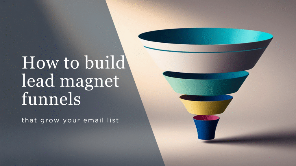 Hero image with a multicolored stacked funnel graphic beside the headline 'How to build lead magnet funnels' about growing your email list.