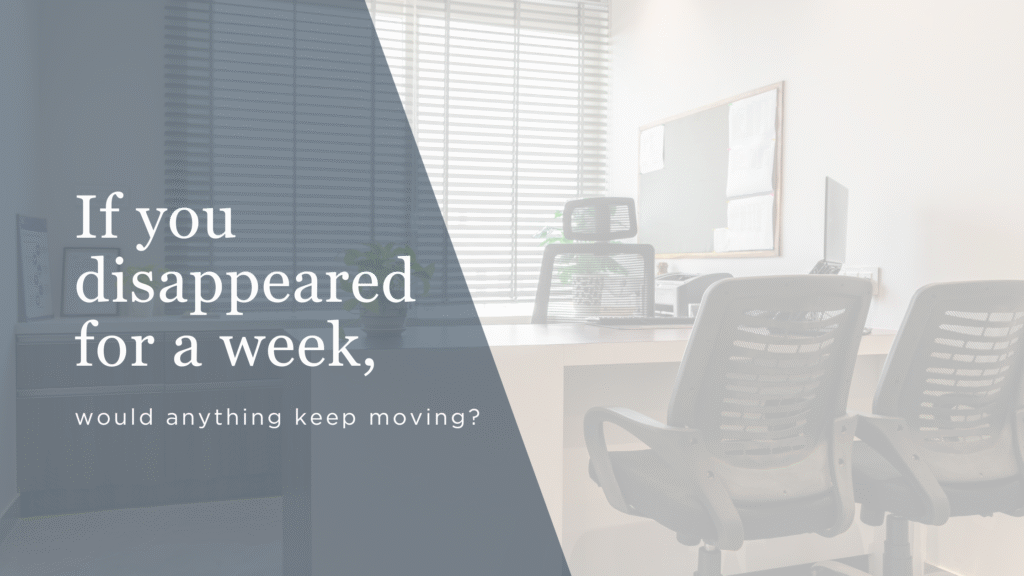 Office with empty desks and large overlay text: 'If you disappeared for a week, would anything keep moving?' — conveying a quiet, reflective message about productivity.