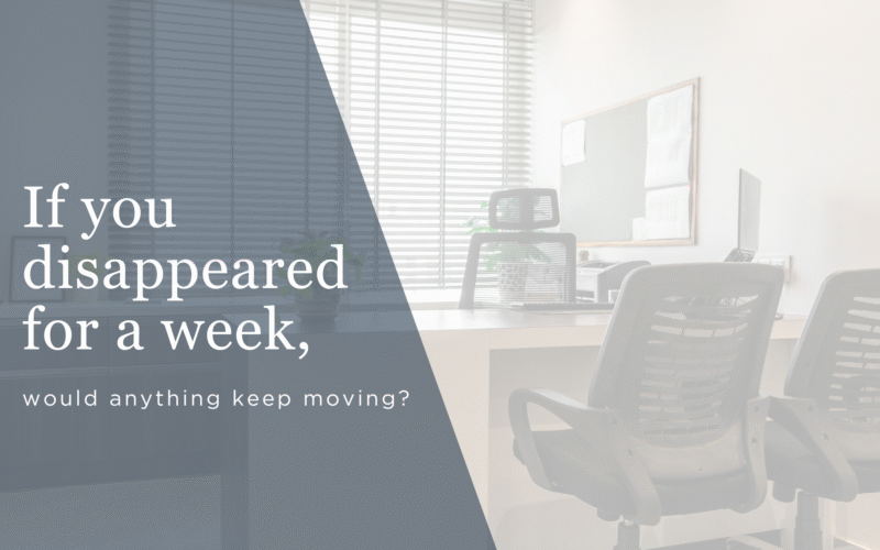Office with empty desks and large overlay text: 'If you disappeared for a week, would anything keep moving?' — conveying a quiet, reflective message about productivity.