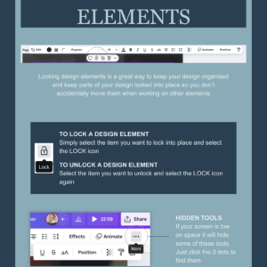 Tutorial page showing how to lock design elements, with screenshots of a toolbar and lock icons.