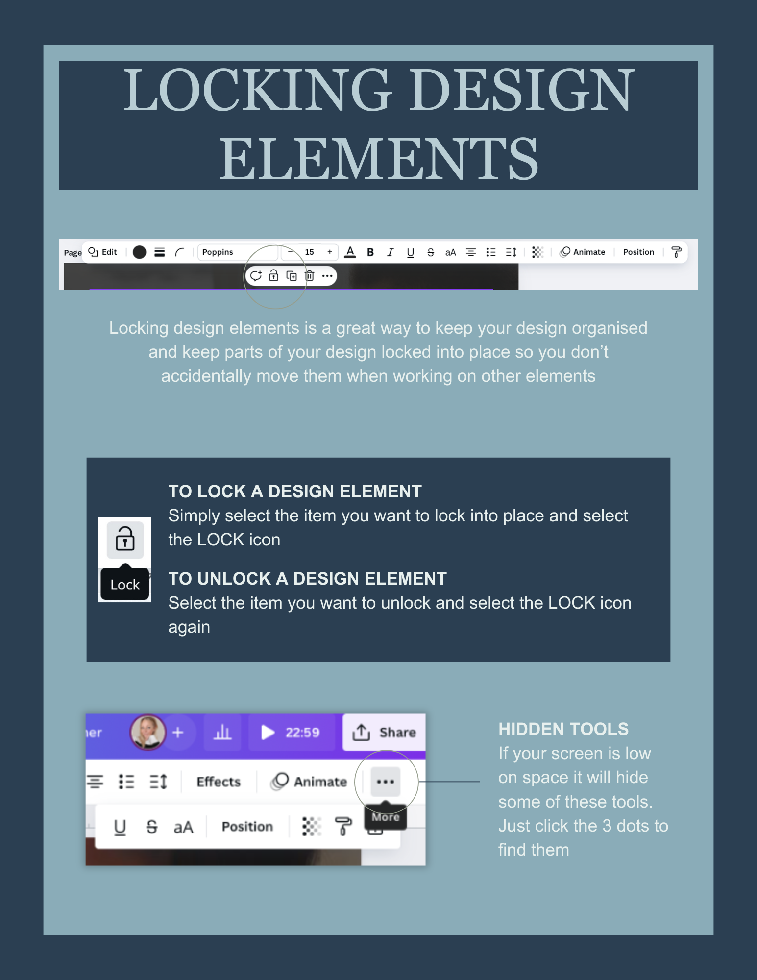 Tutorial page showing how to lock design elements, with screenshots of a toolbar and lock icons.