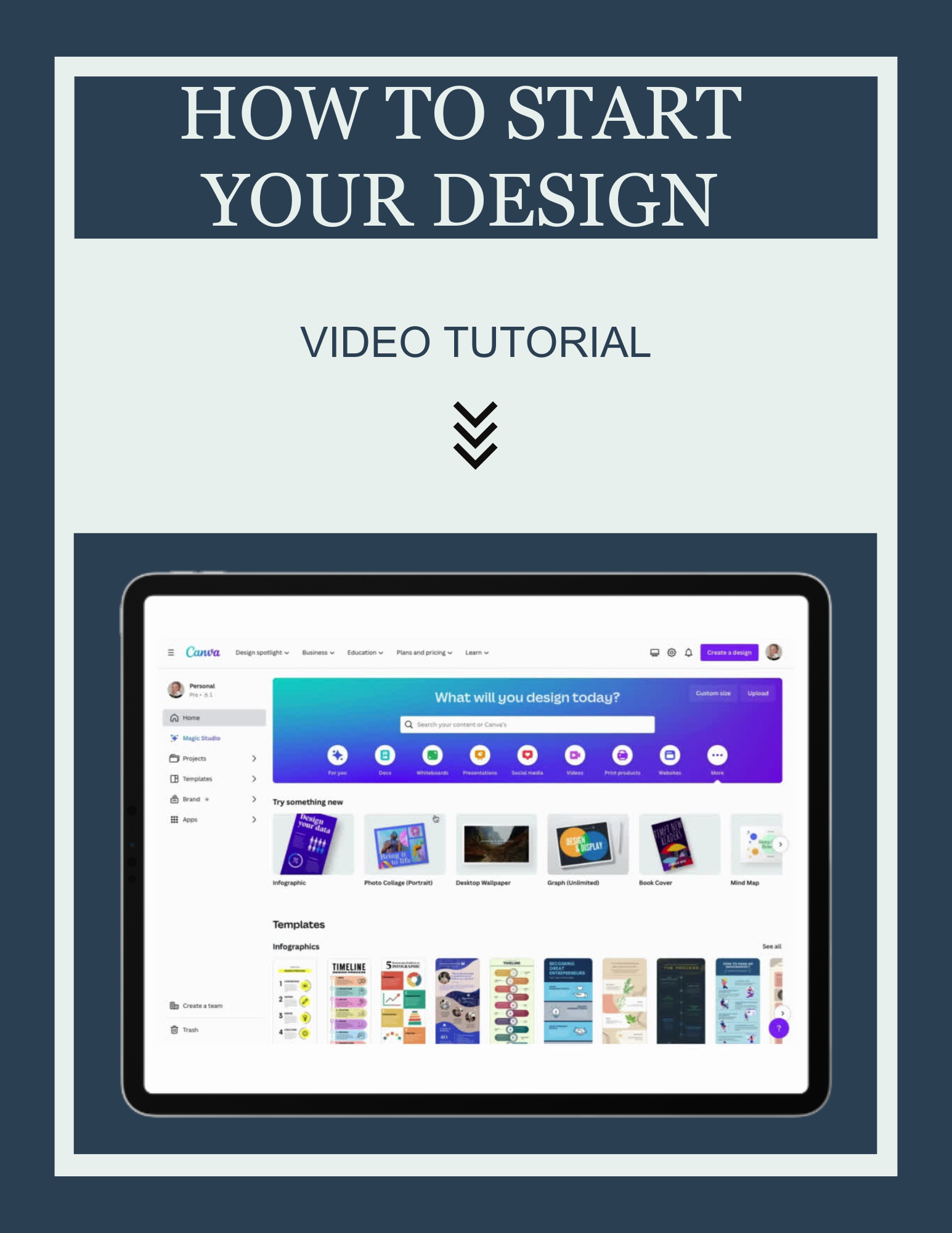 Hero banner: 'HOW TO START YOUR DESIGN' with 'VIDEO TUTORIAL' and a downward chevron icon.